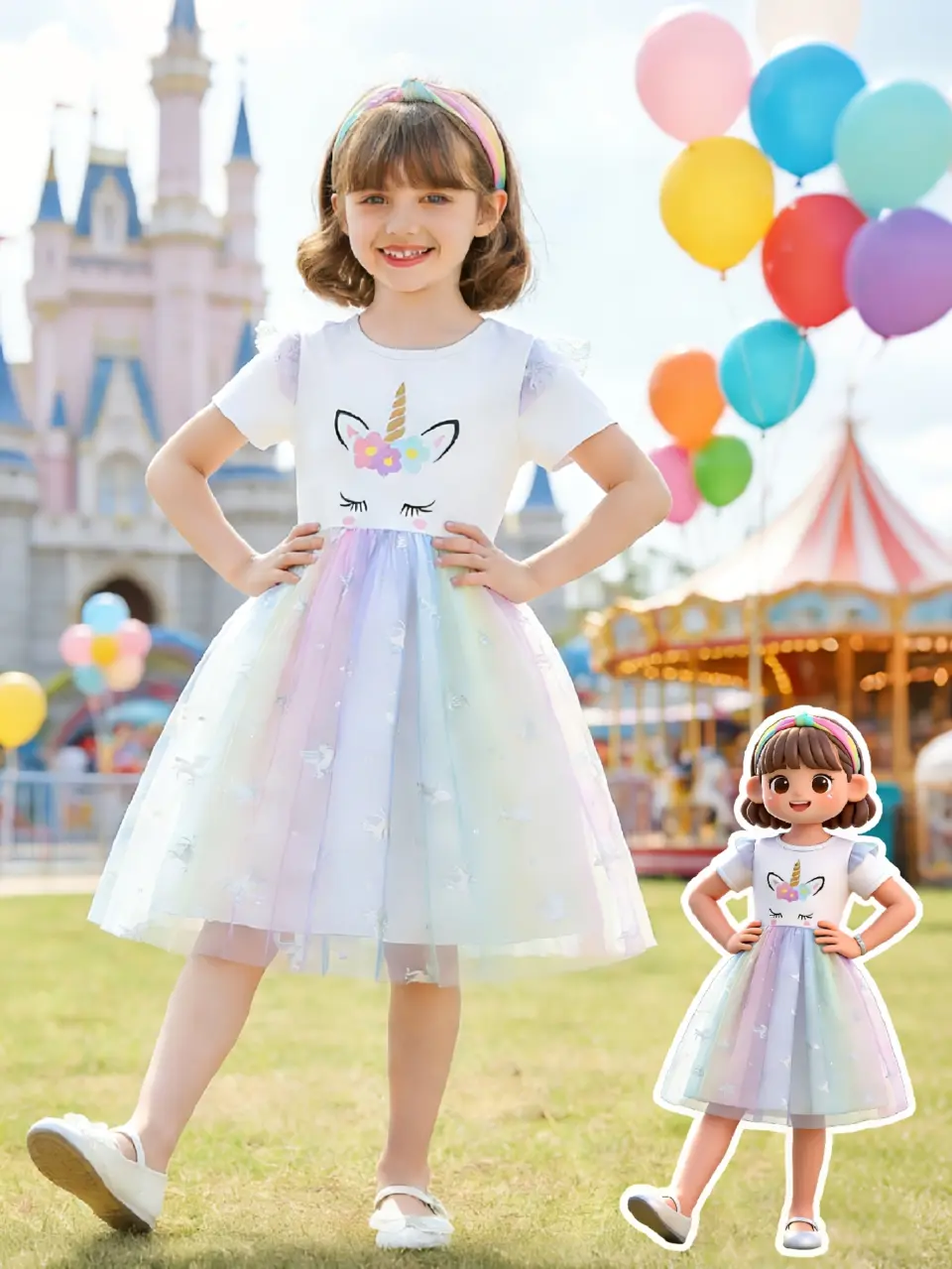 Girls Unicorn Graphic Flutter Sleeve Tulle Dress