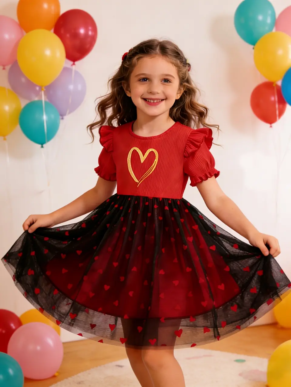 Girls Red and Black Heart Tulle Princess Dress