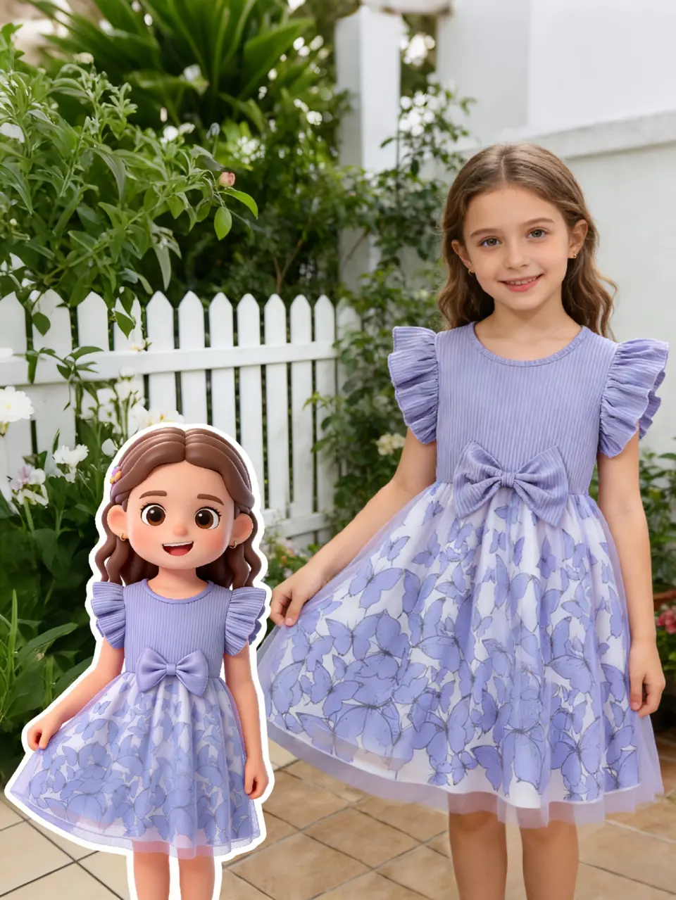 Girls Purple Ribbed Butterfly Tulle Dress