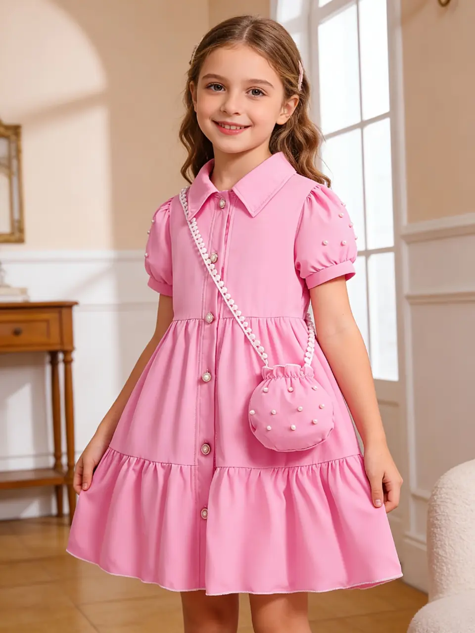 Girls Pearl Sleeve A-Line Dress with Mini Pearl Bag