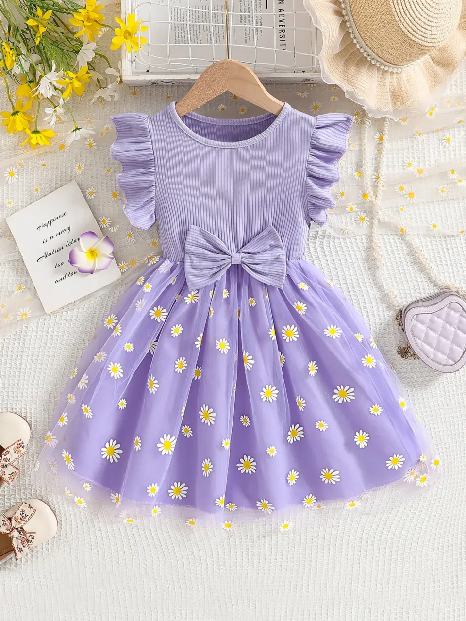 Girls Daisy Print Tulle Dress with Bow Detail
