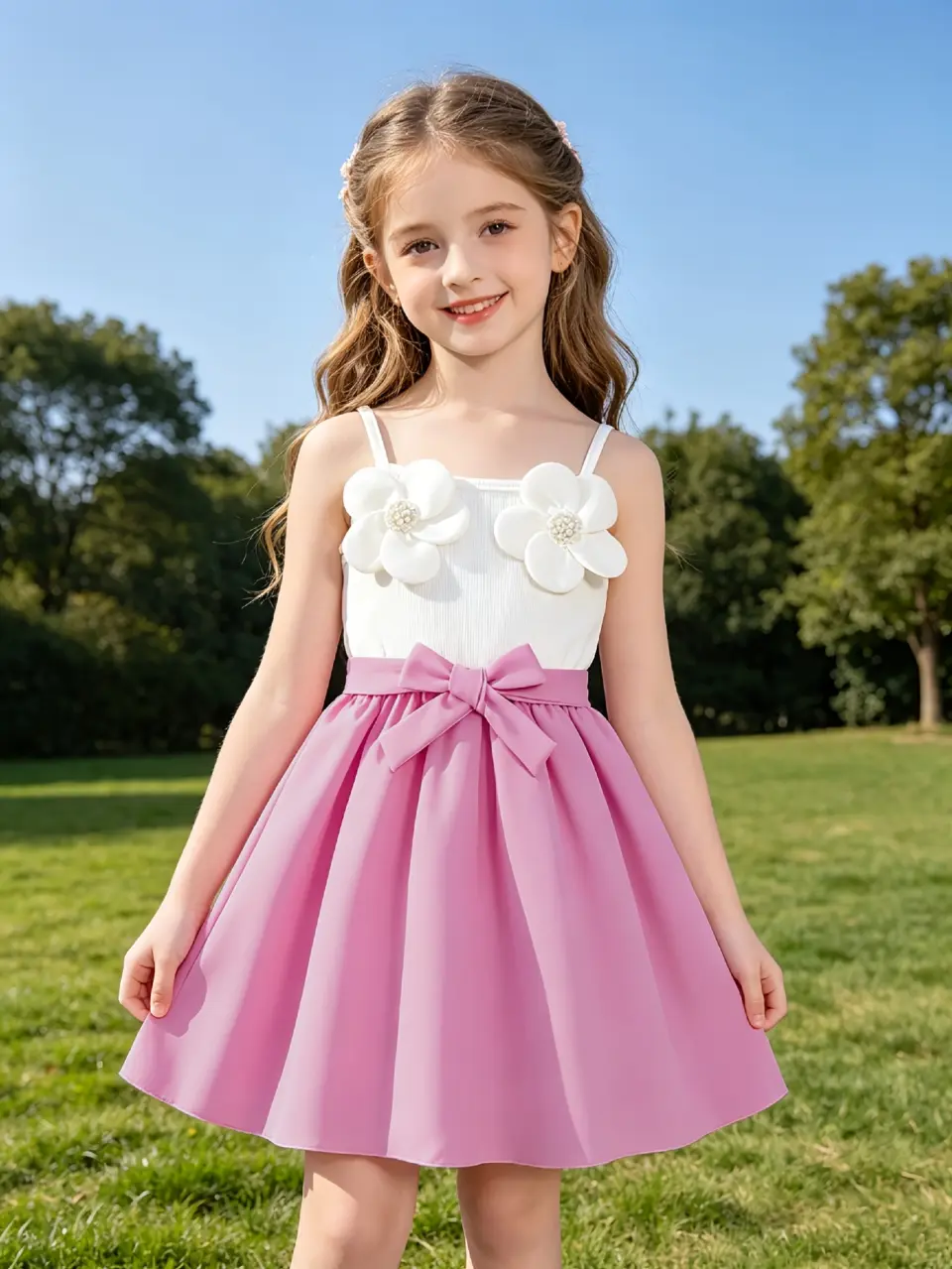 Girls Floral Strap Dress with Belted Waist