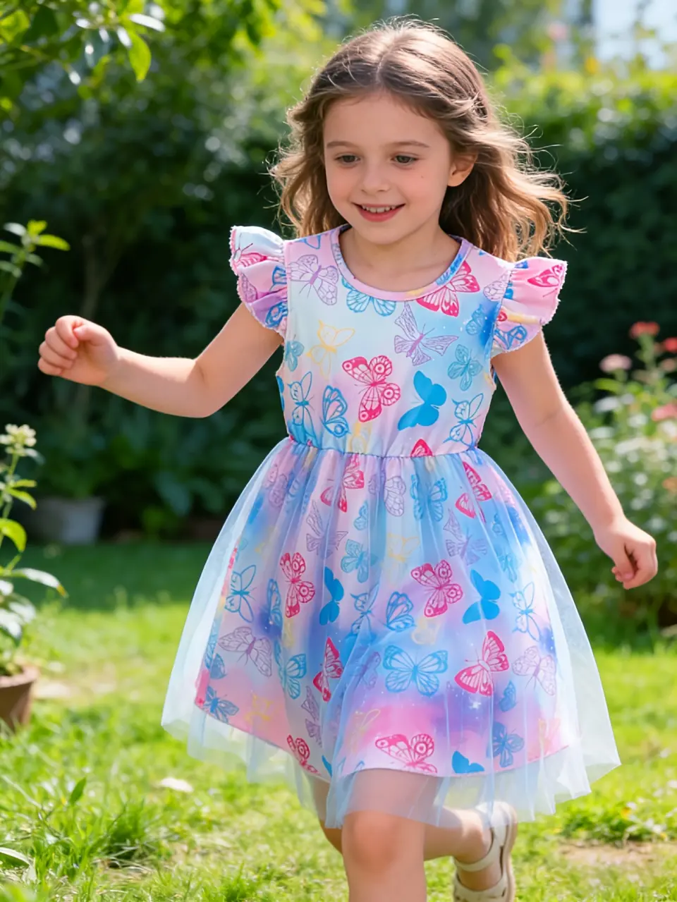 Girls Butterfly Print Tulle Summer Dress