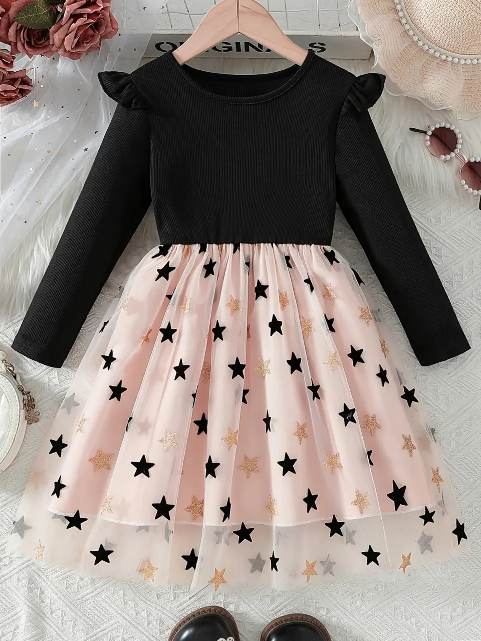 Girls Black Ribbed Star Tulle Dress