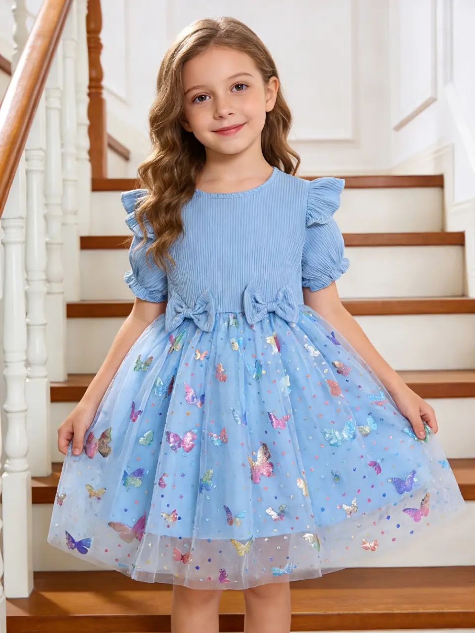 Girls Ribbed 3D Butterfly Tulle Dress