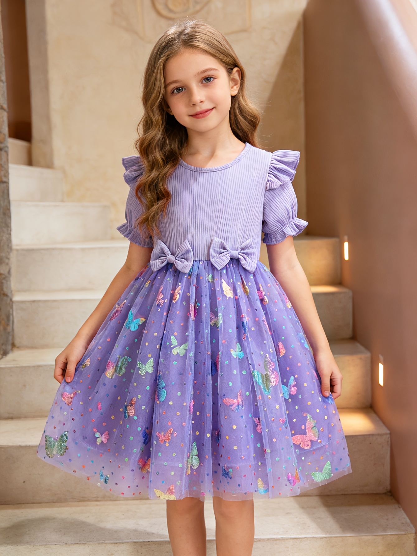 Girls Ribbed 3D Butterfly Tulle Dress - 图片 3