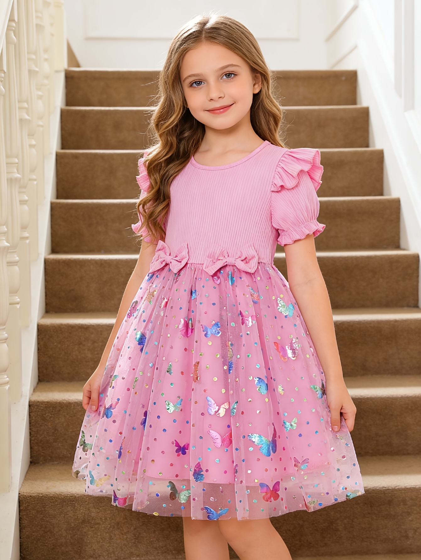 Girls Ribbed 3D Butterfly Tulle Dress - 图片 2
