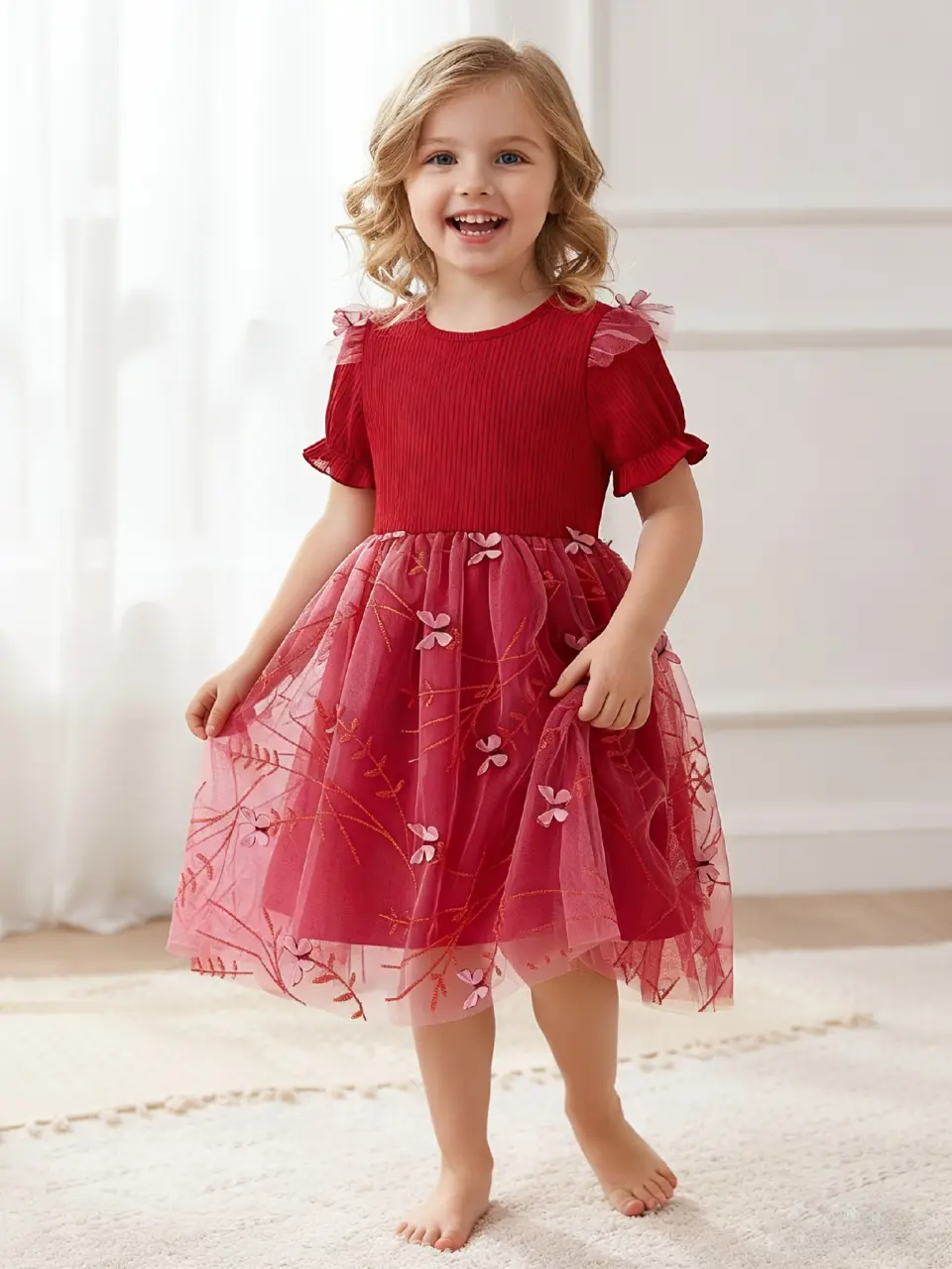 Girls Red Ribbed Embroidered Floral Tulle Dress