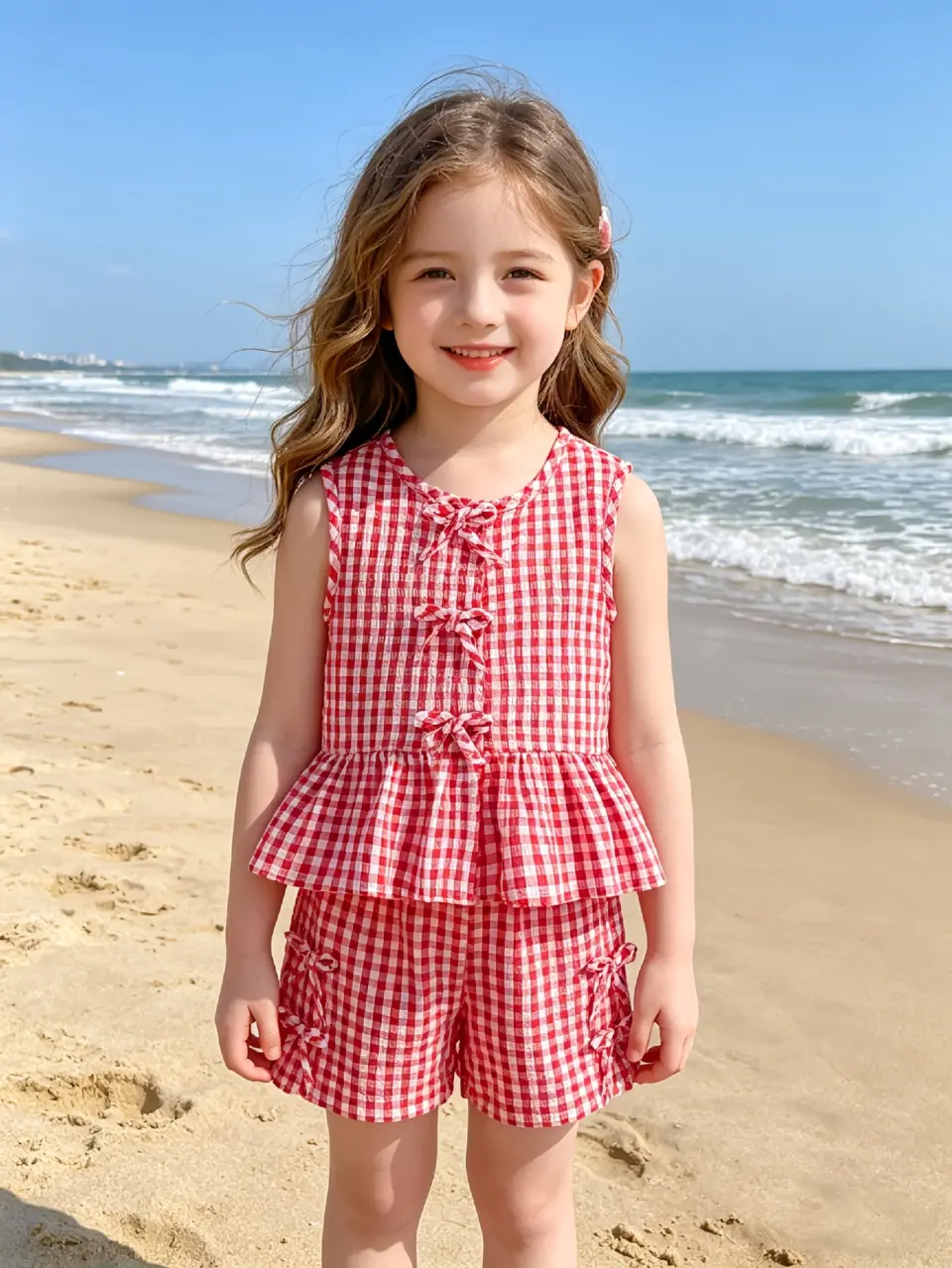 Girls French Plaid Bow Top and Shorts Set
