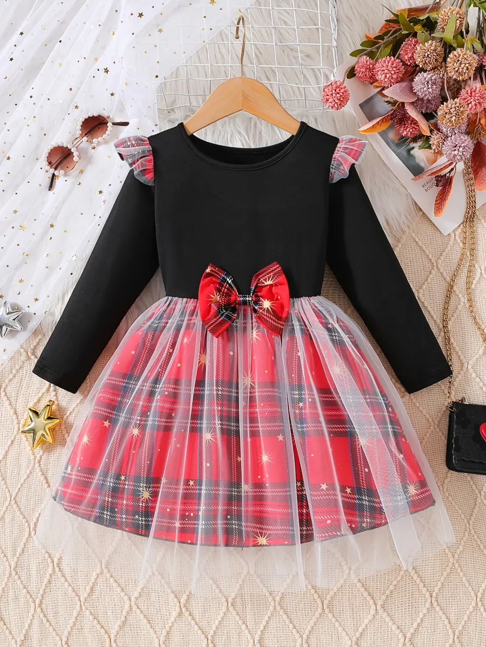 Girls Black and Red Plaid Tulle New Year Dress