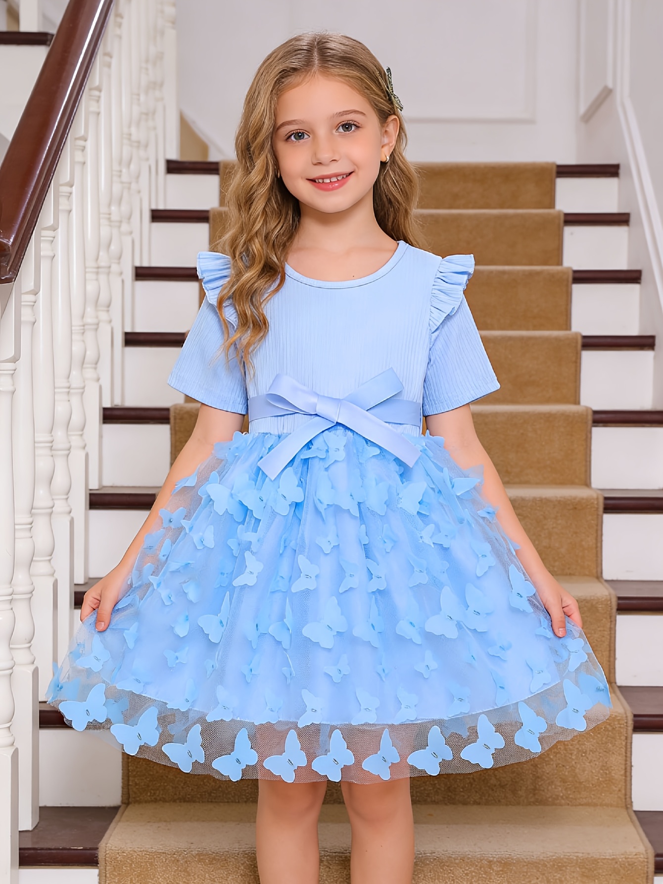 Girls 3D Butterfly Tulle Princess Dress - 图片 2