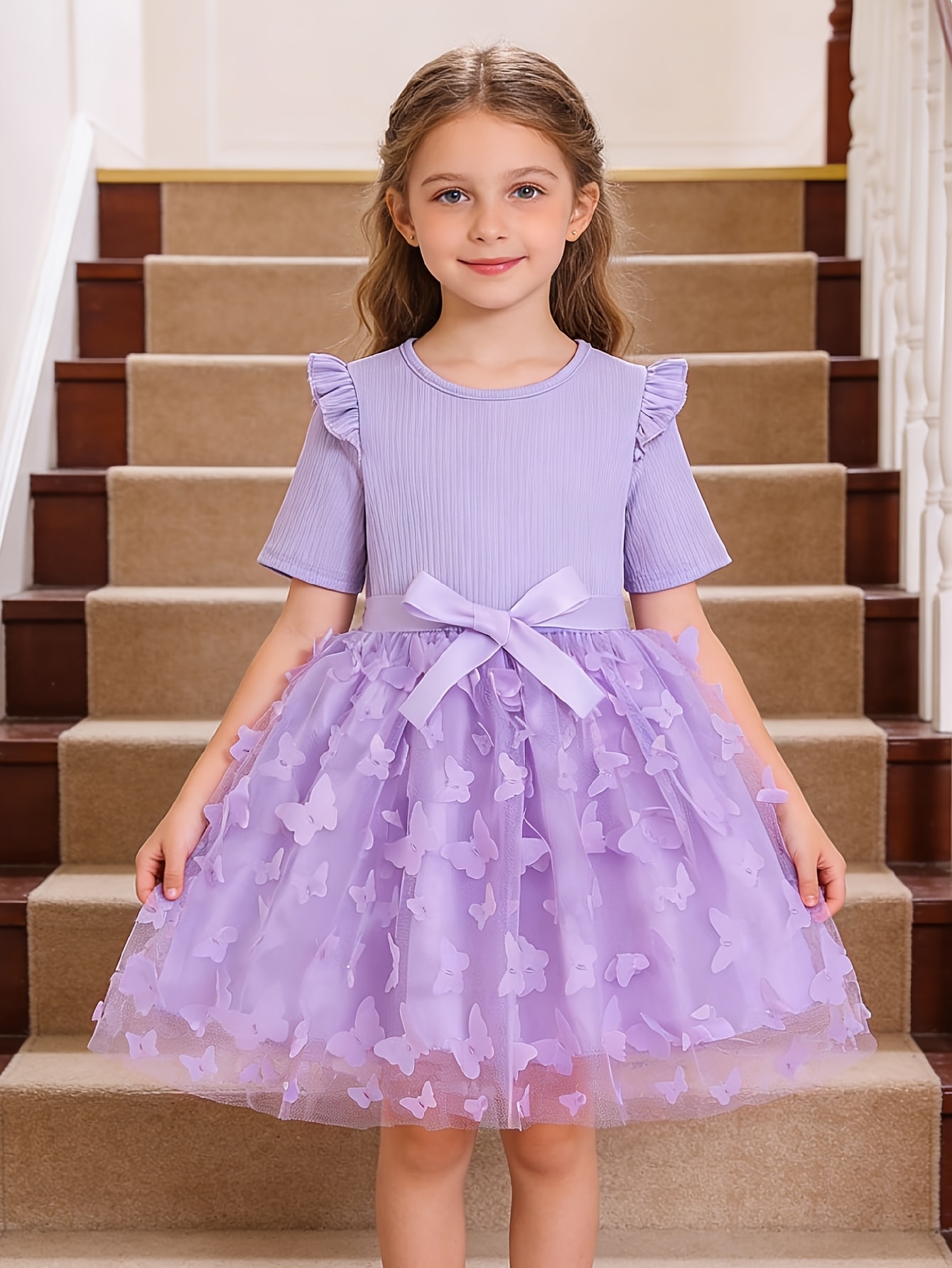 Girls 3D Butterfly Tulle Princess Dress - 图片 3