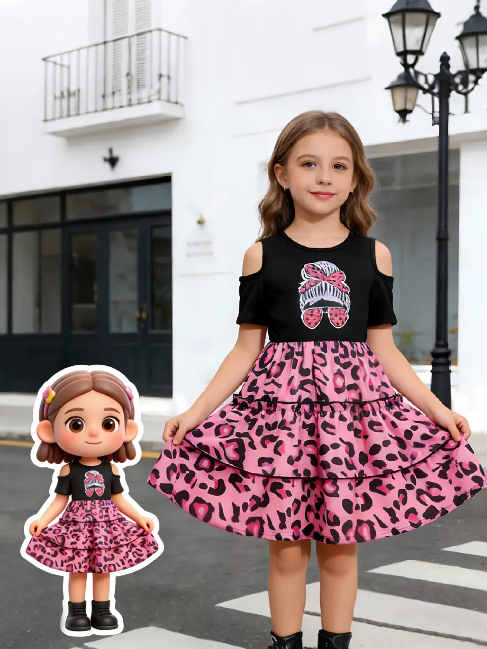 Girls Off Shoulder Leopard Tiered Tulle Dress