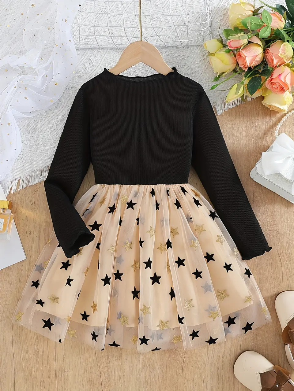 Girls Star Sequin Beige Tulle Princess Dress