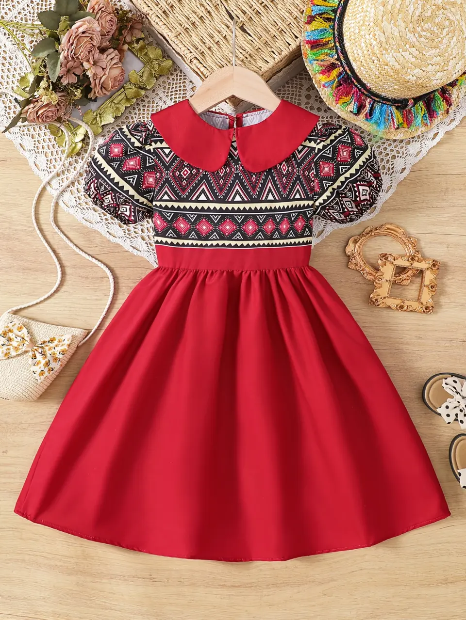 Girls Doll Collar Geometric Boho Dress