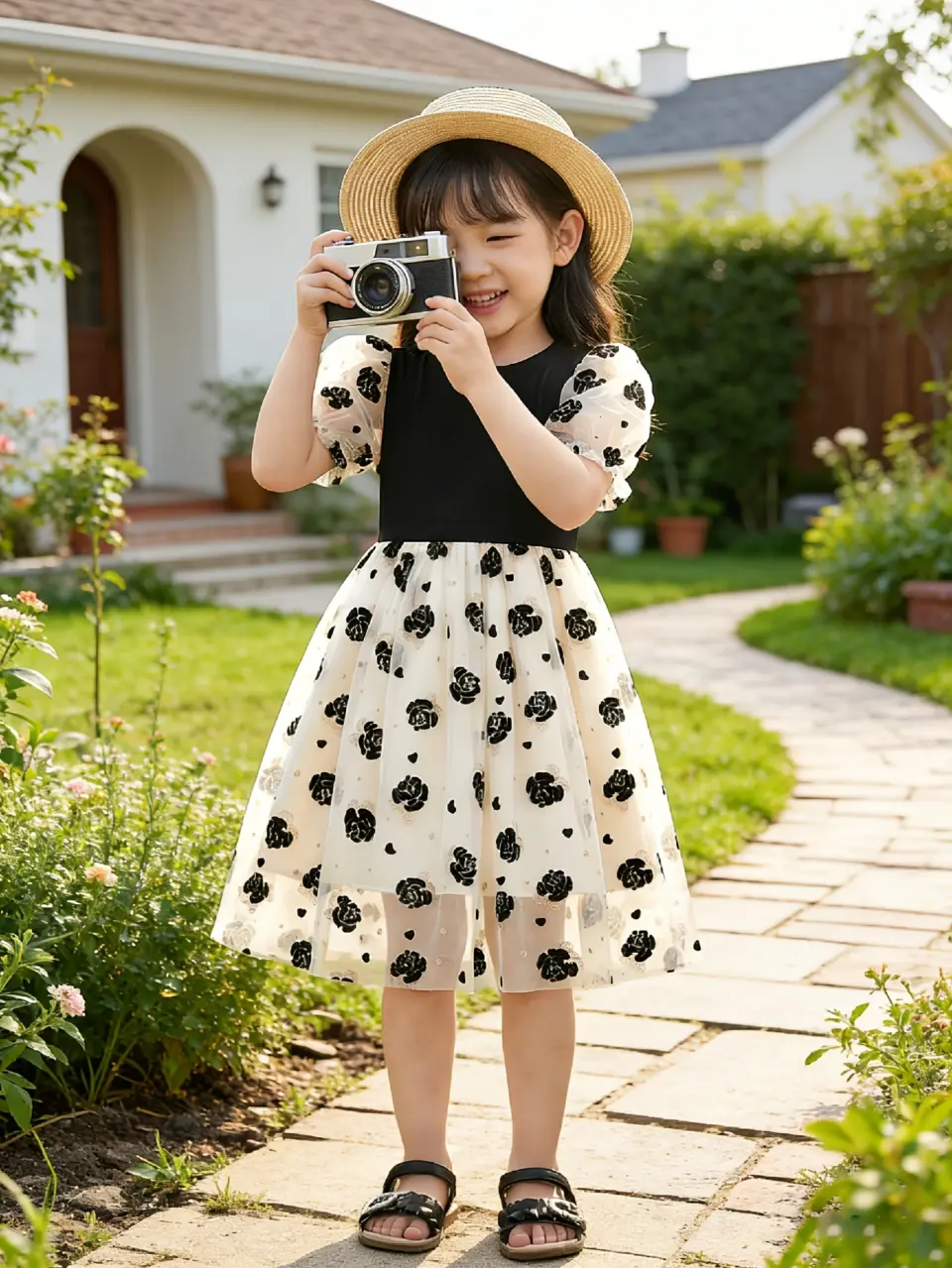 Girls Rose Tulle Puff Sleeve Vacation Dress