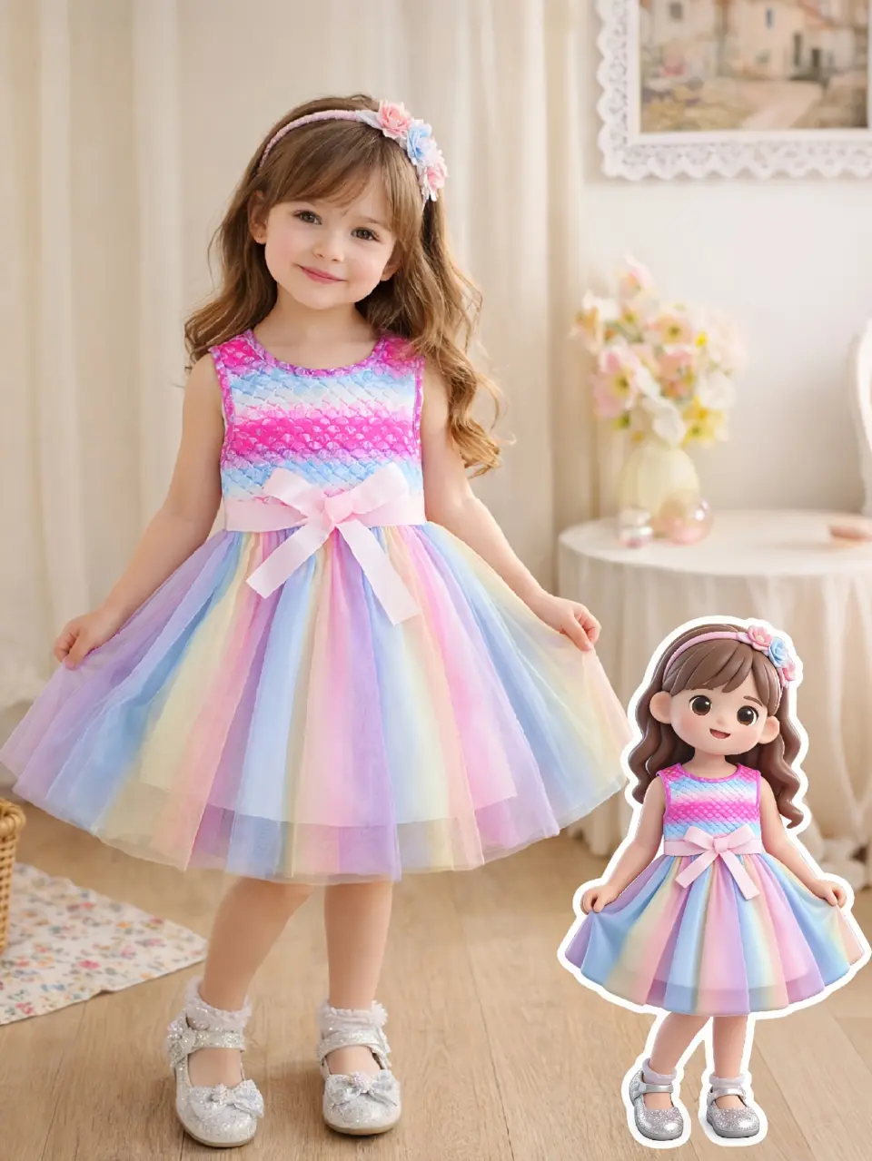 Girls Pink Mermaid Scale Tulle Princess Dress