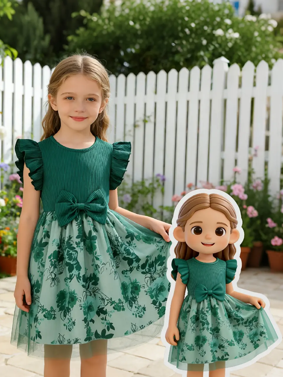 Girls Dark Green Ribbed Floral Tulle Dress