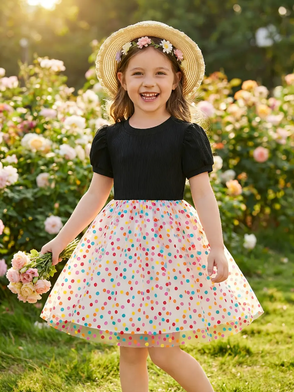 Girls Black Puff Sleeve Rainbow Dot Tulle Dress