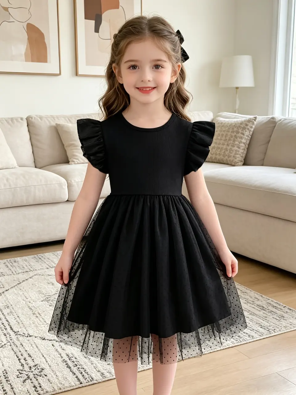 Girls Black Ribbed Flutter Sleeve Tulle Dress