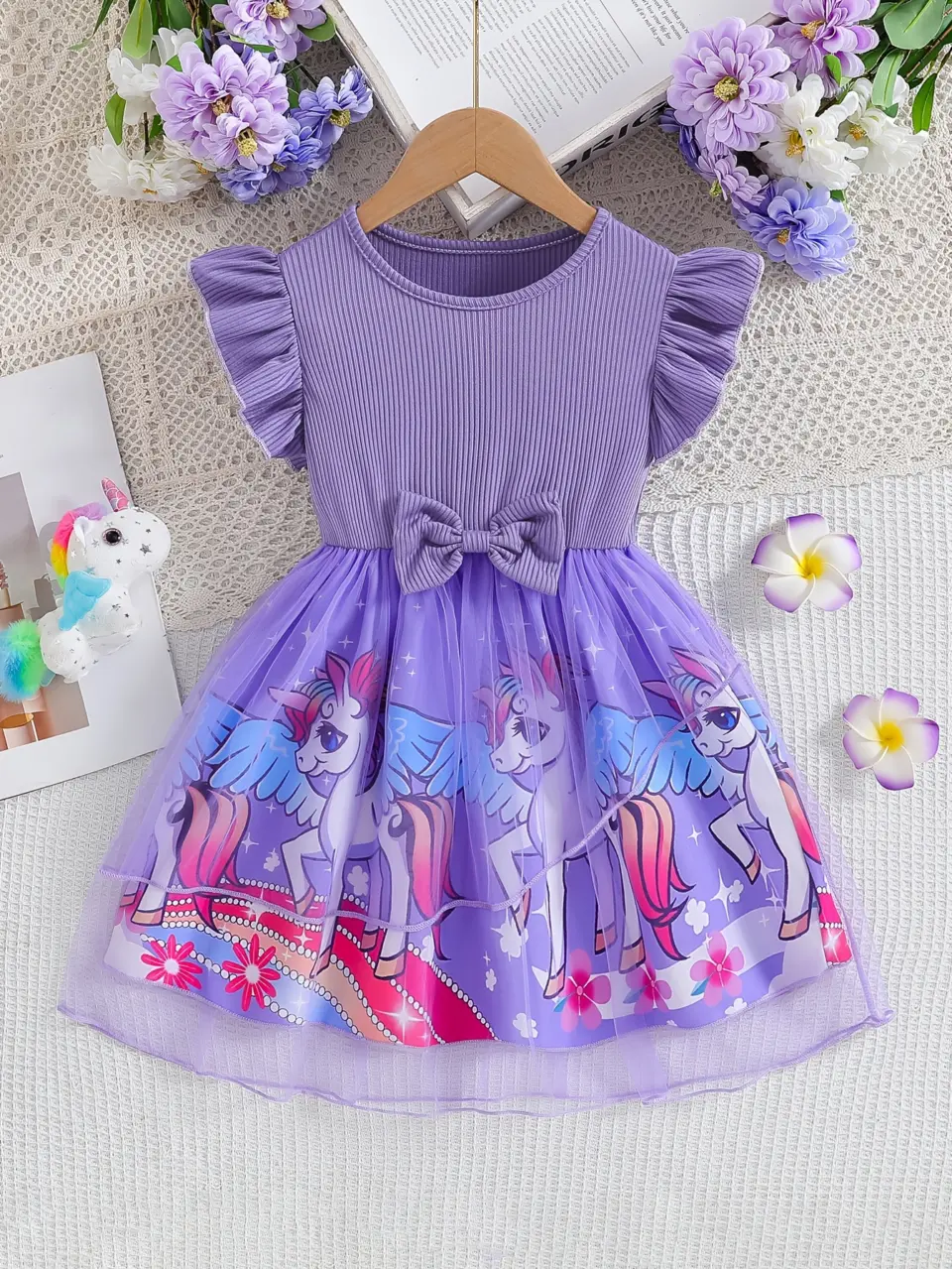 Girls Unicorn Ribbed Tulle Dress for Holiday Outfits