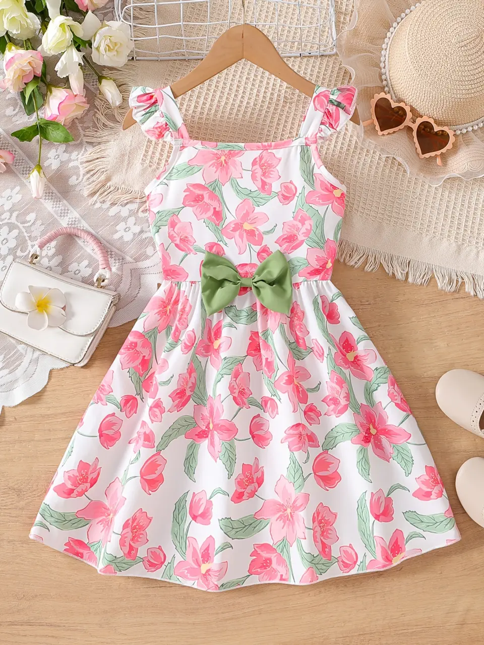Girls Floral Sleeveless Bow Strap Summer Dress