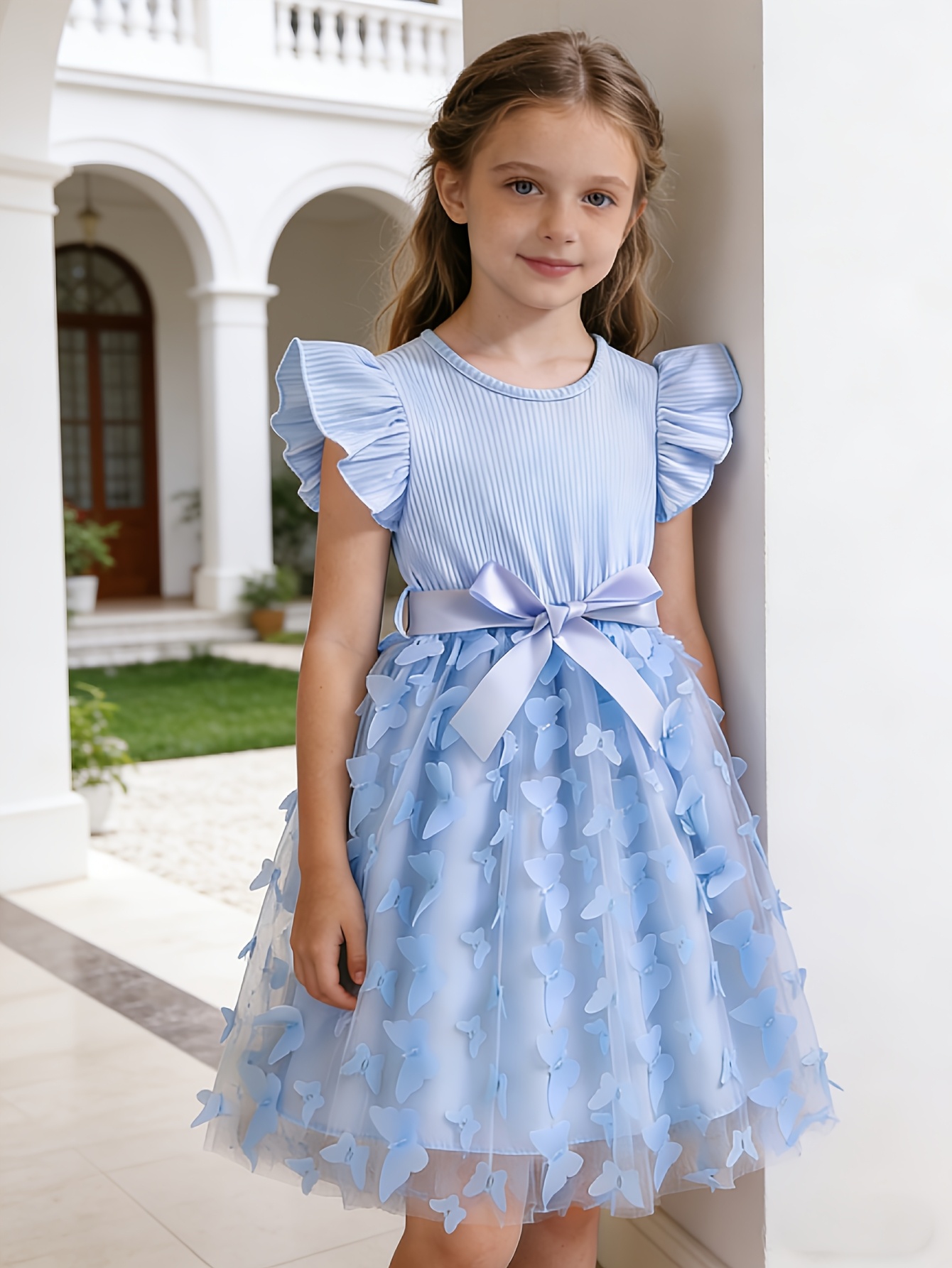 Girls 3D Butterfly Ruffle Sleeve Party Dress - 图片 3