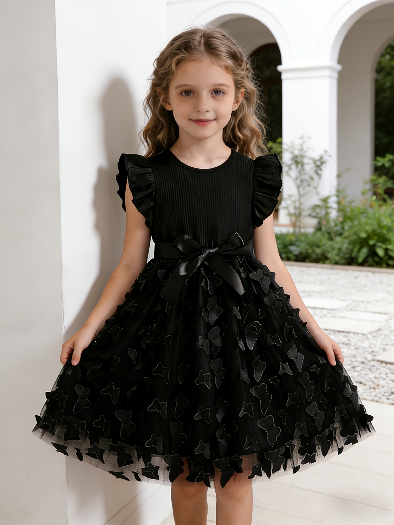Girls 3D Butterfly Ruffle Sleeve Party Dress - 图片 2