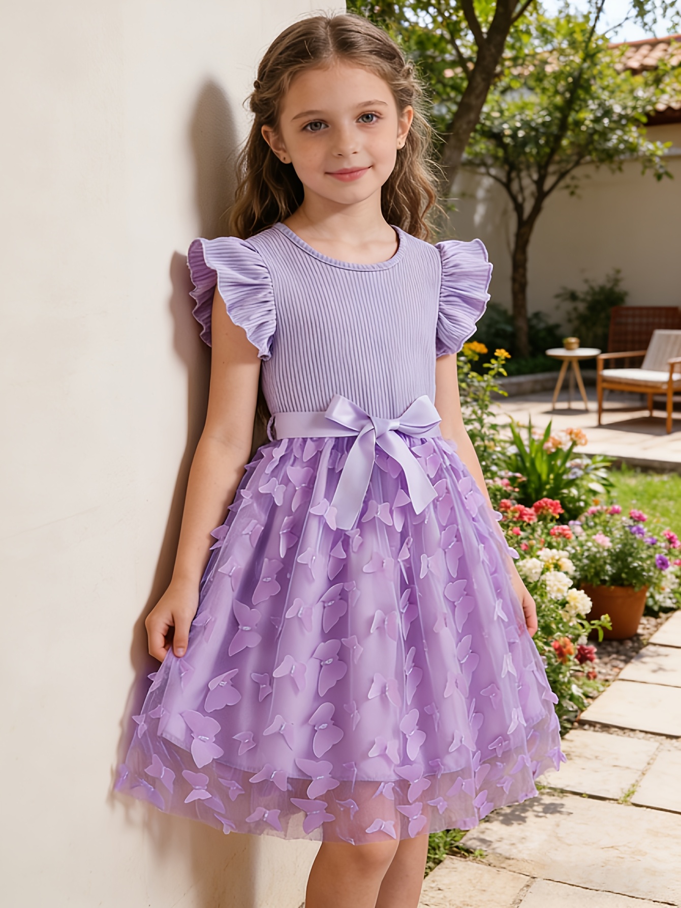 Girls 3D Butterfly Ruffle Sleeve Party Dress - 图片 4