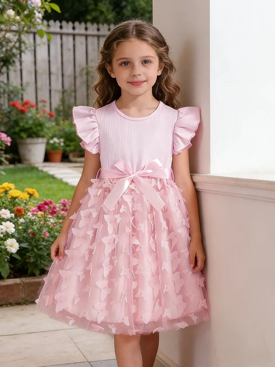 Girls 3D Butterfly Ruffle Sleeve Party Dress