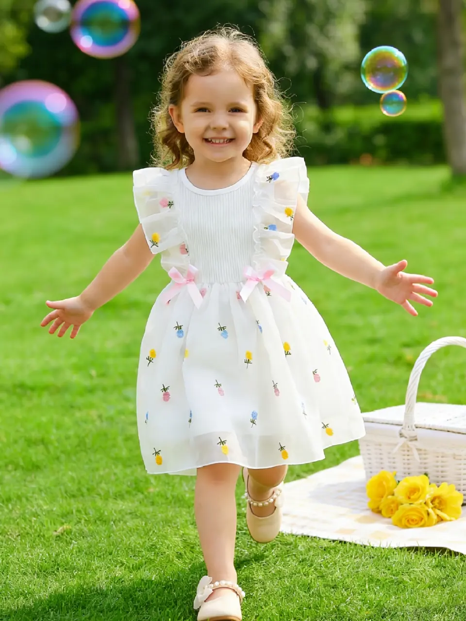 Girls White Bow Lace Flower Party Dress