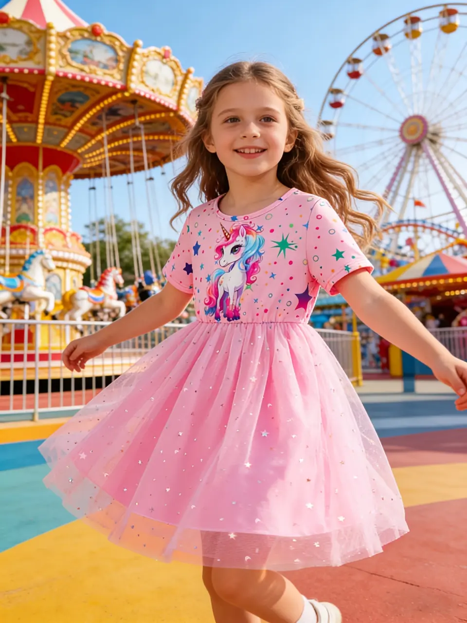 Girls Pink Unicorn Star Moon Tulle Dress