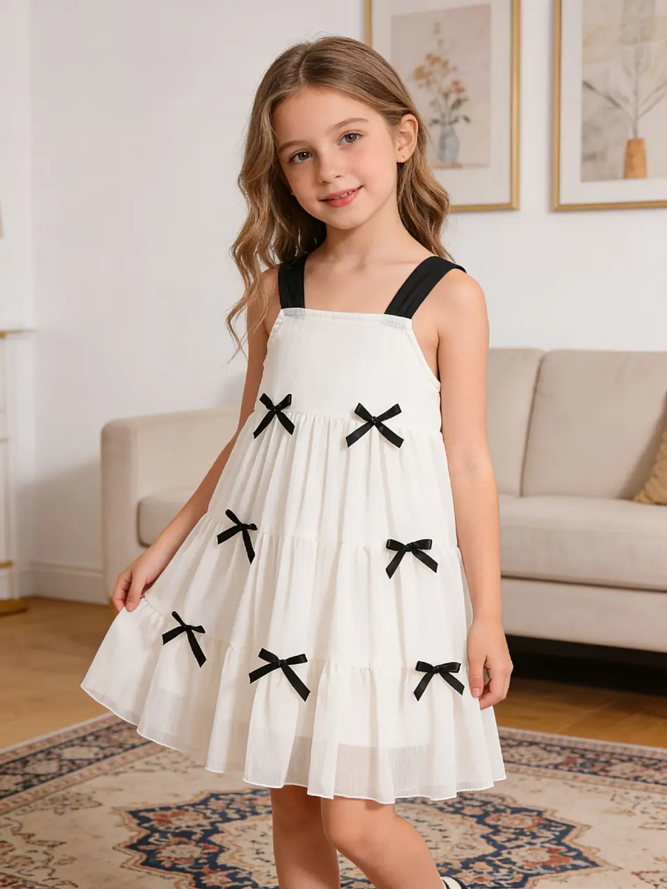 Girls Beige Sleeveless Dress with Black Bow Straps
