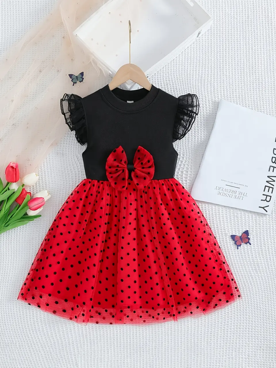 Girls Black Top Red Polka Dot Tulle Dress