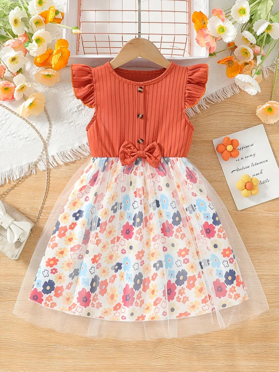 Girls Floral Bow Ribbed Tulle Dress