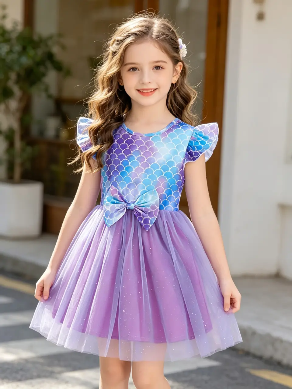 Girls Purple Mermaid Sparkle Flutter Sleeve Dress
