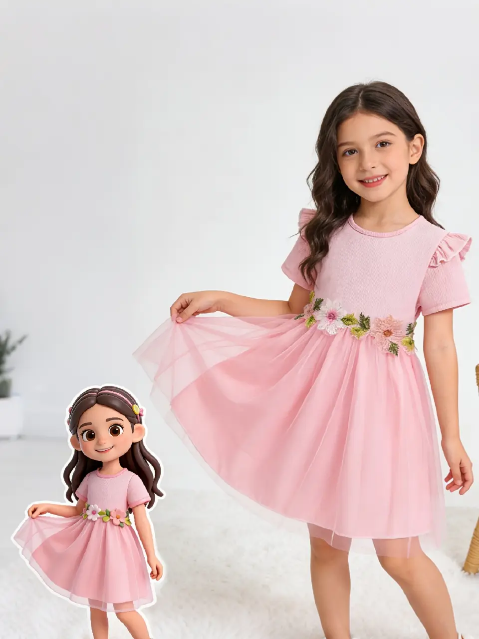 Girls Pink Floral Mesh Overlay Ribbed Dress