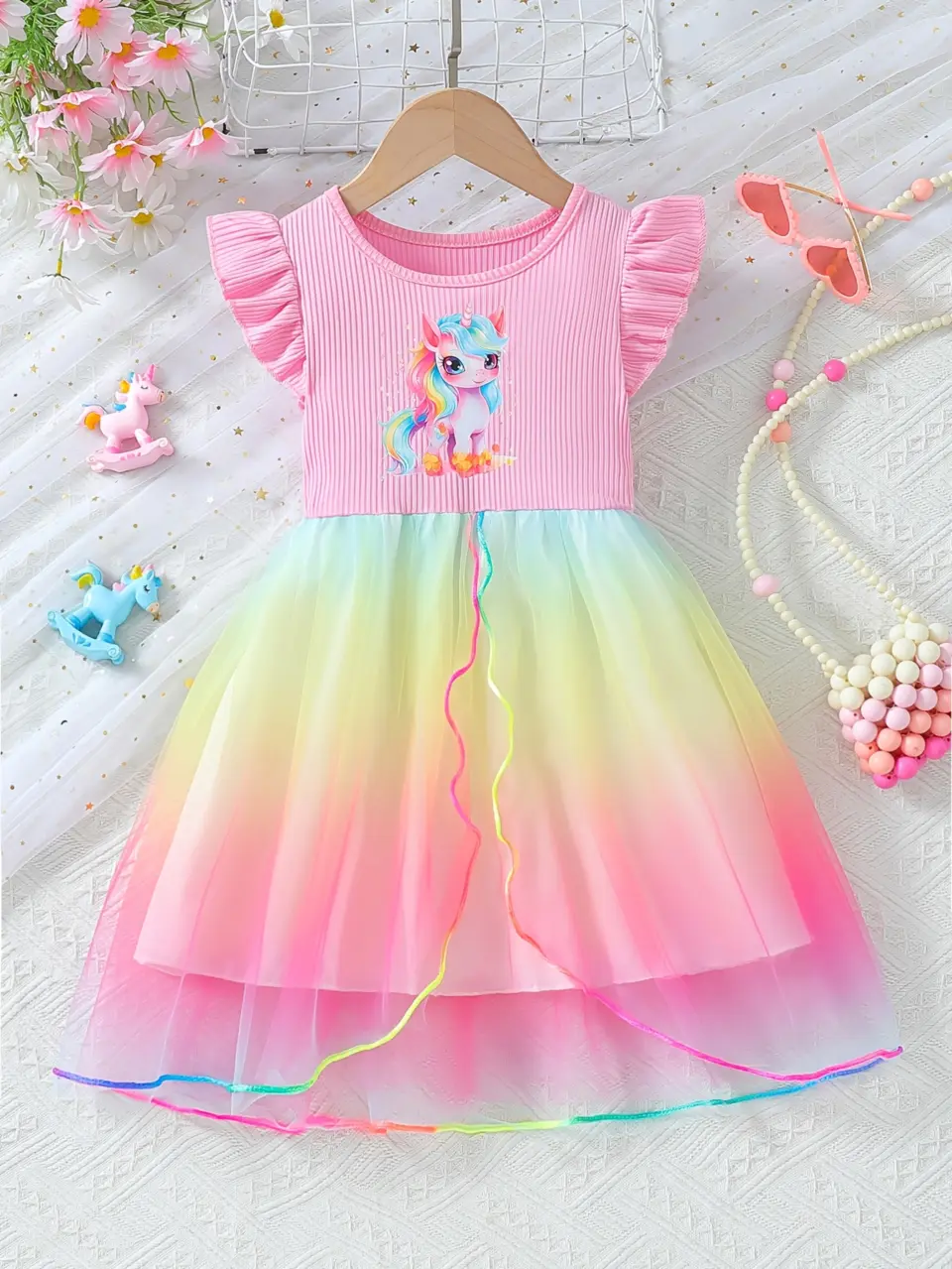 Girls Pink Ribbed Unicorn Rainbow Tulle Dress
