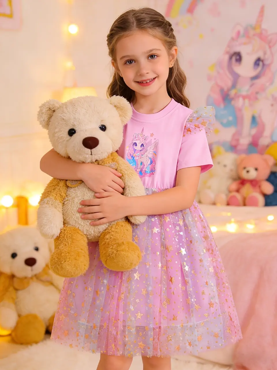 Girls Unicorn Star Print Tulle Dress