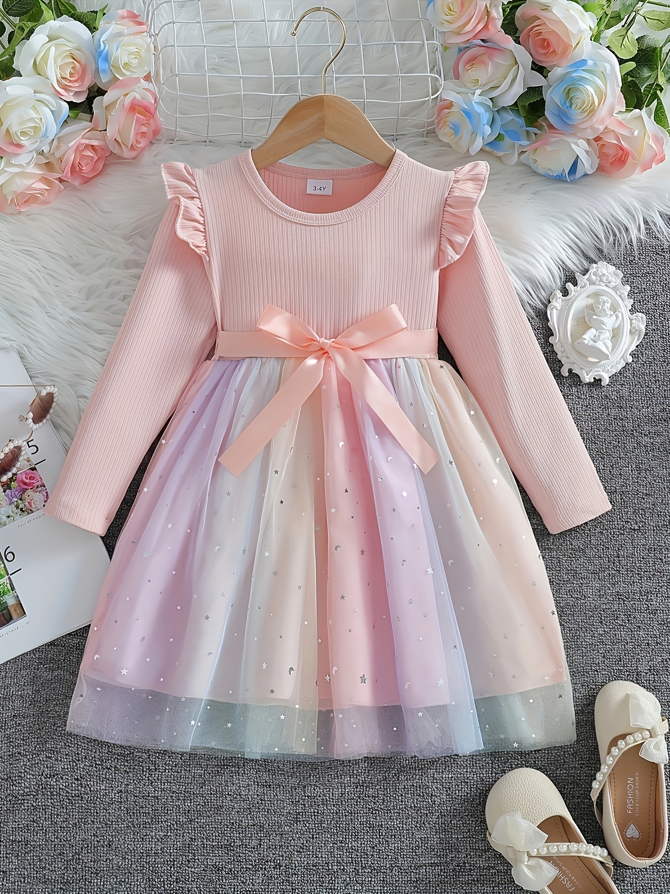 Girls Long Sleeve Star Sequin Tulle Dress - 图片 4