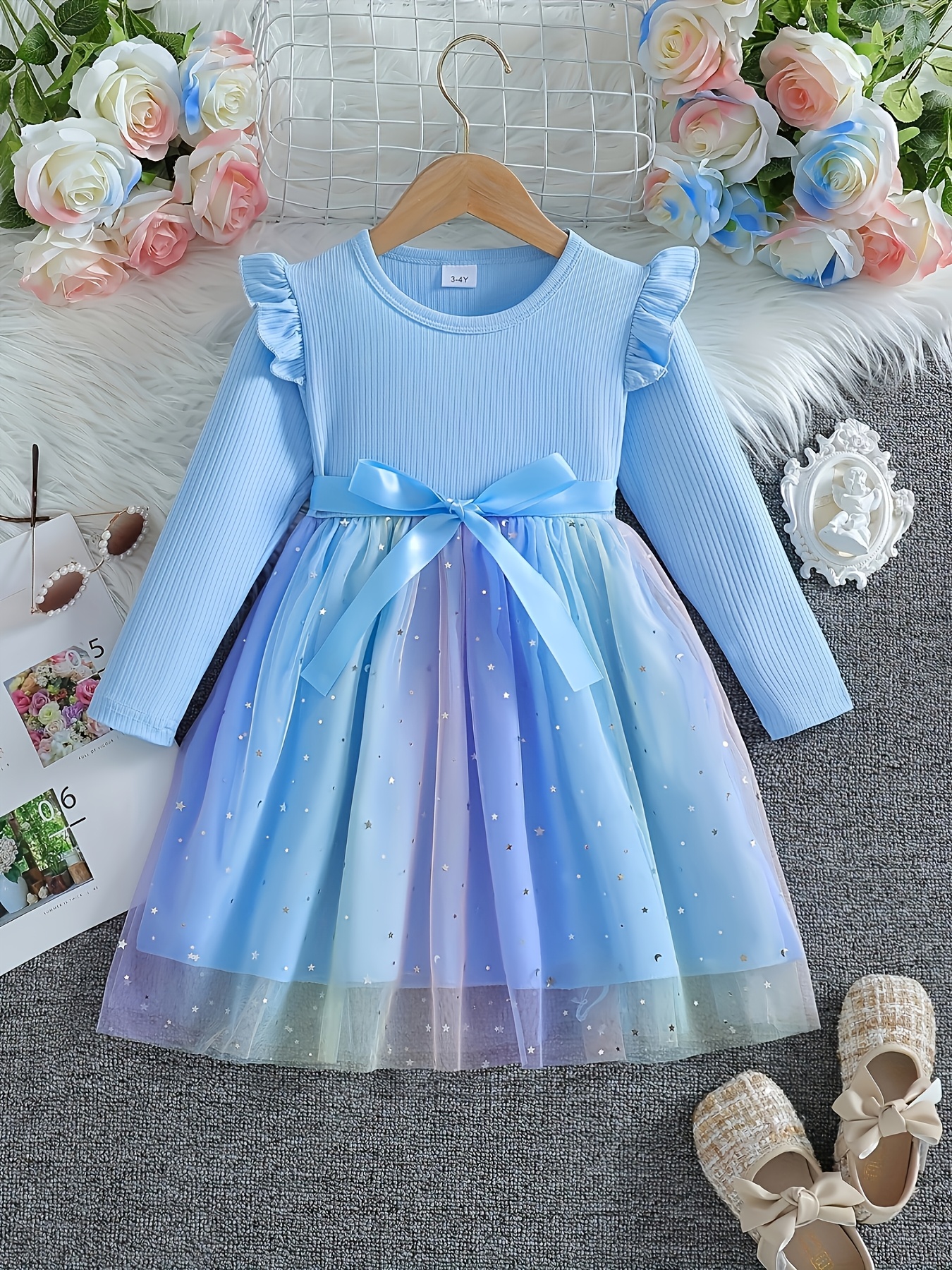 Girls Long Sleeve Star Sequin Tulle Dress - 图片 3