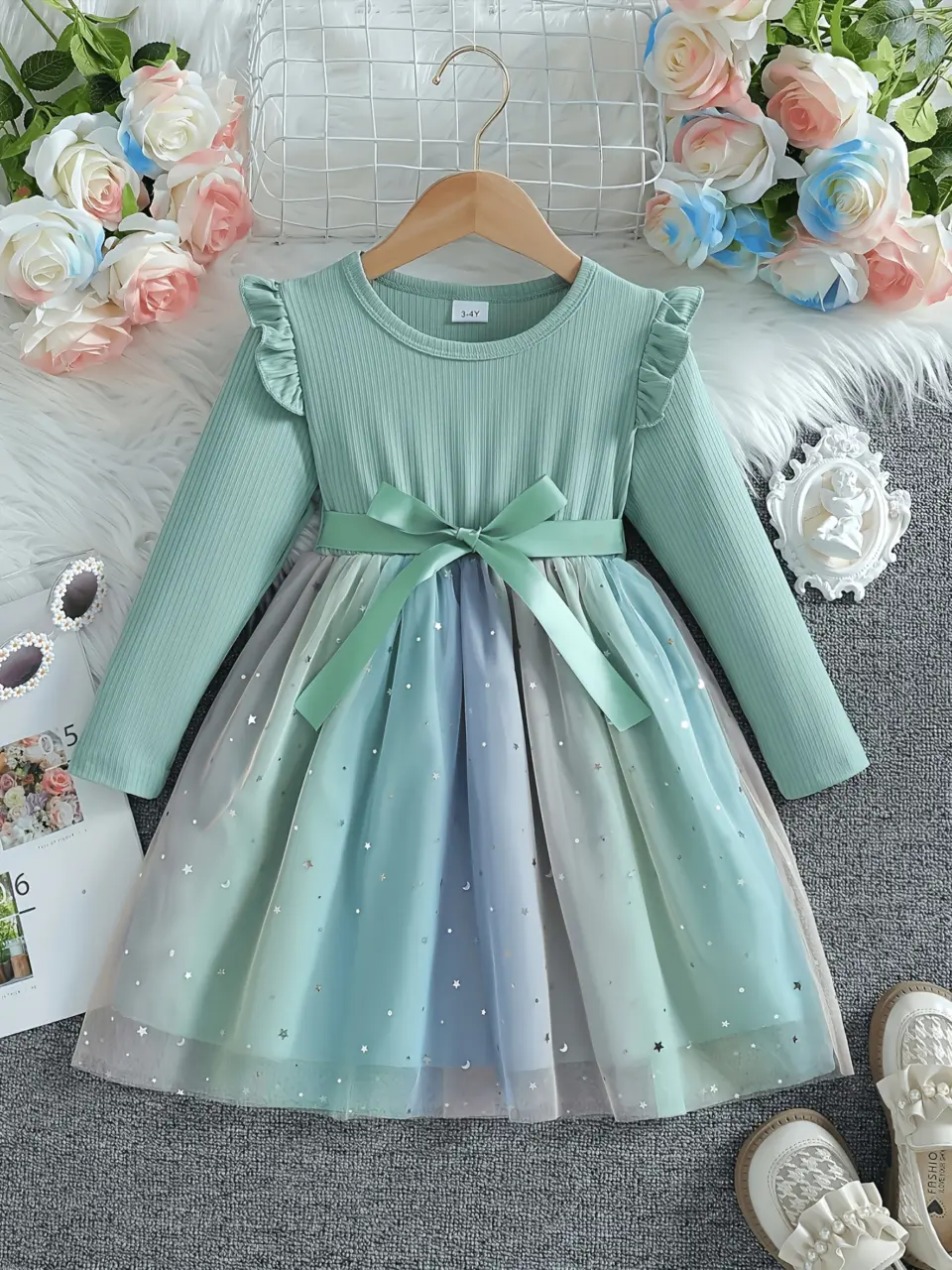Girls Long Sleeve Star Sequin Tulle Dress