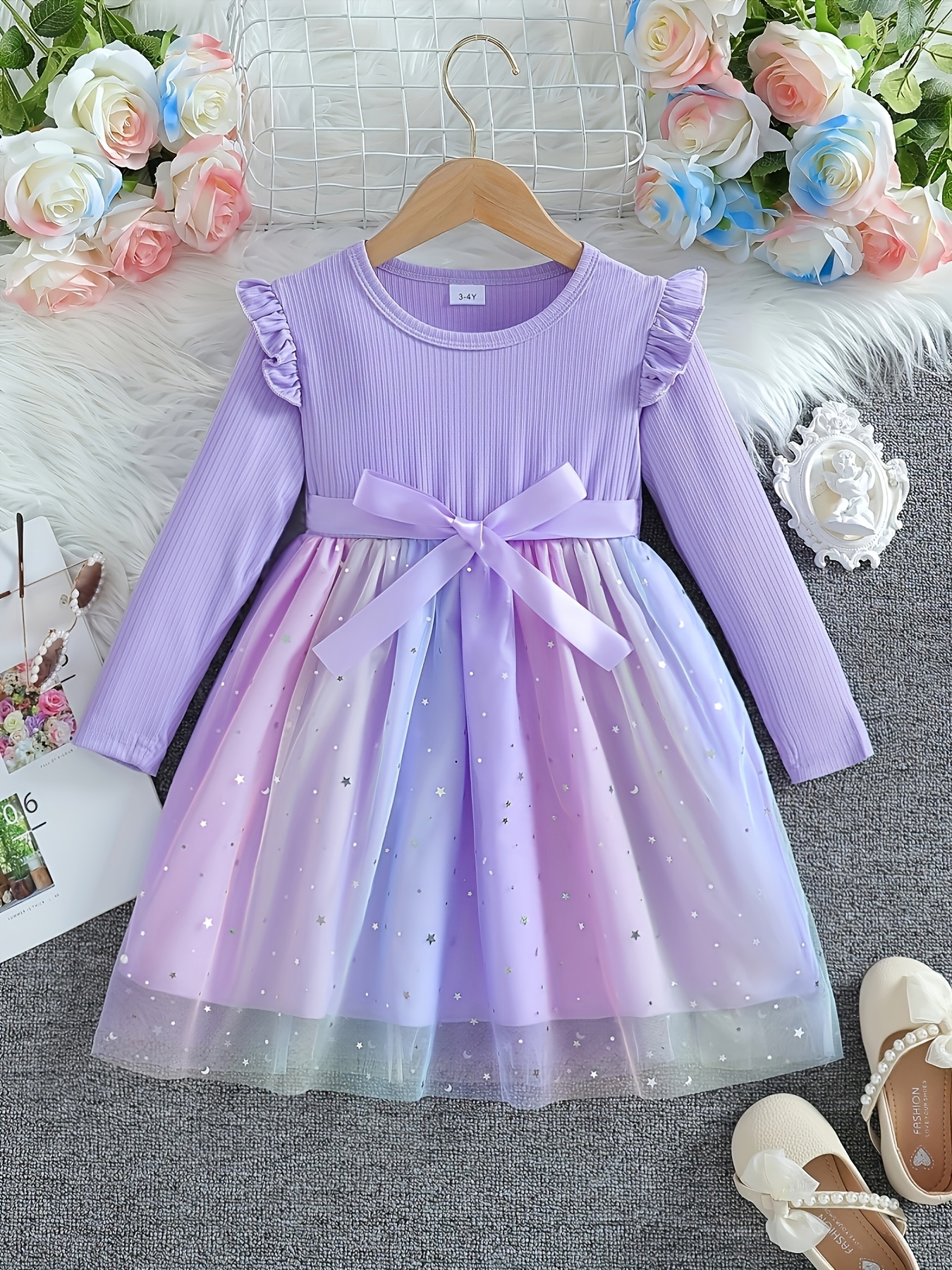 Girls Long Sleeve Star Sequin Tulle Dress - 图片 2