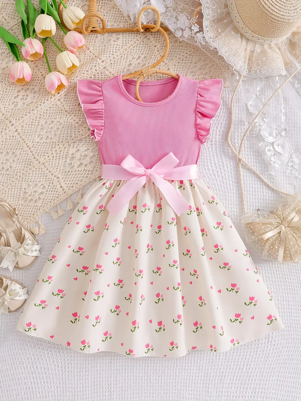 Girls Pink Sleeveless Floral Print Dress