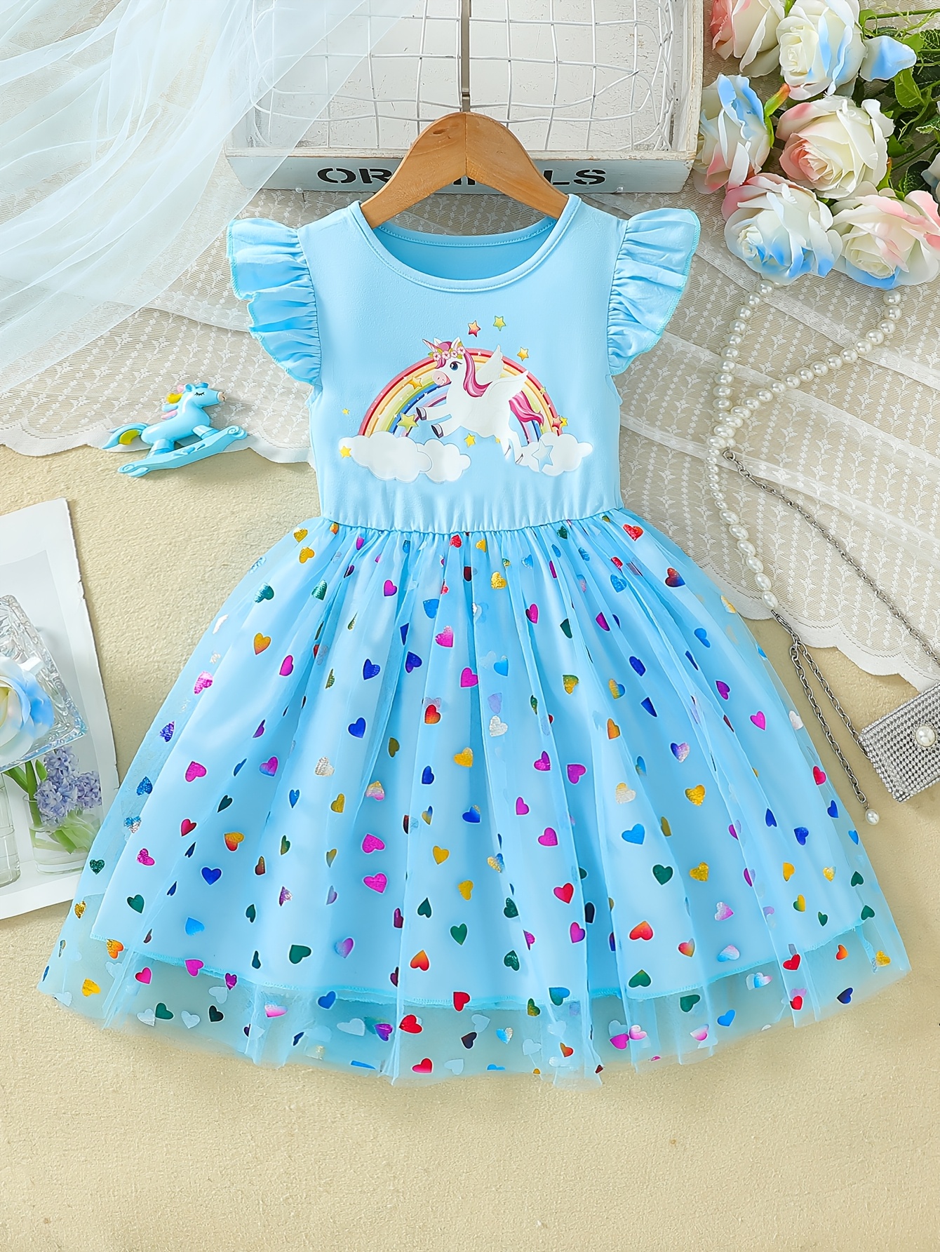 Girls Unicorn Heart Tulle Dress - 图片 2