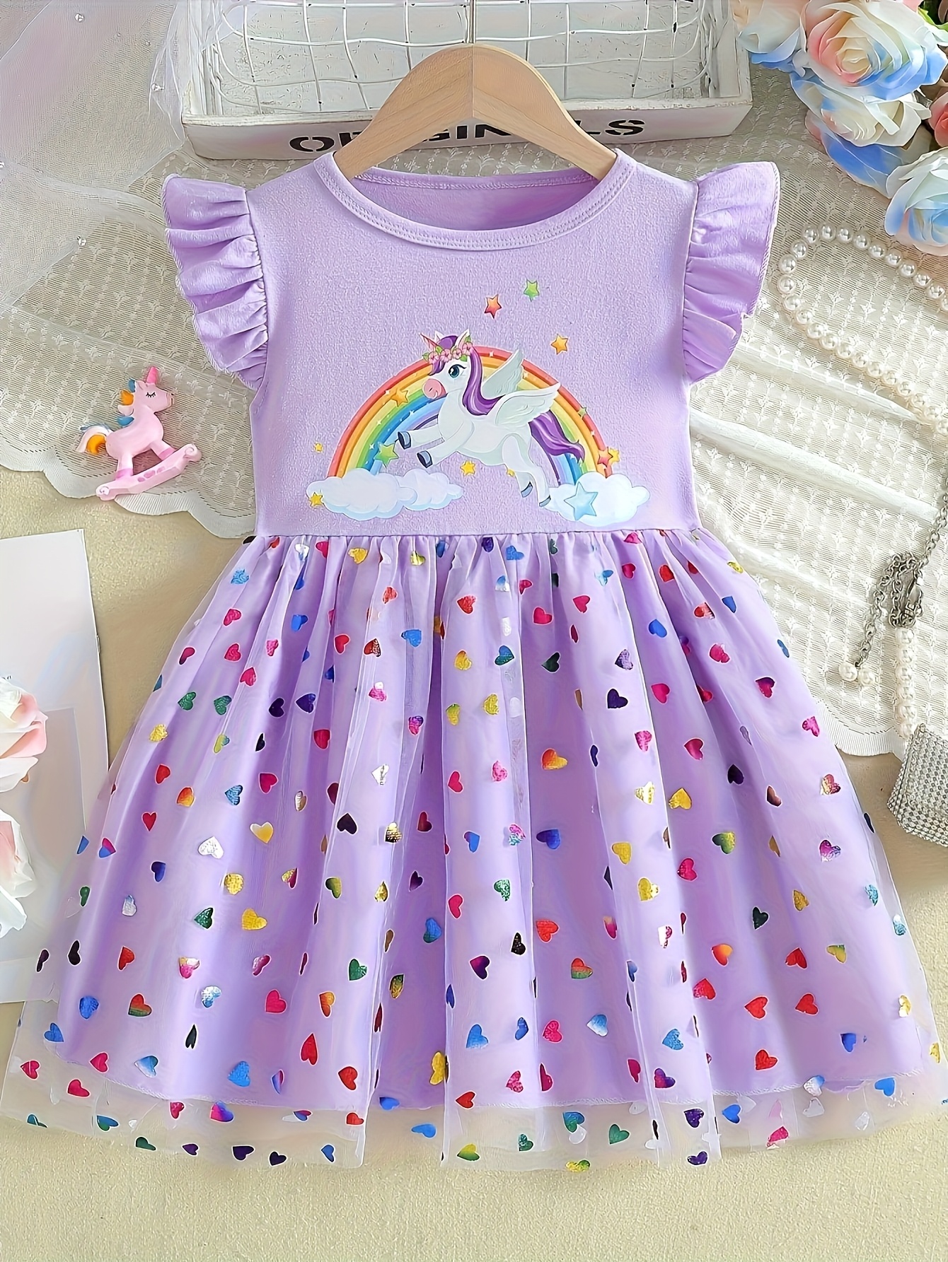 Girls Unicorn Heart Tulle Dress - 图片 3