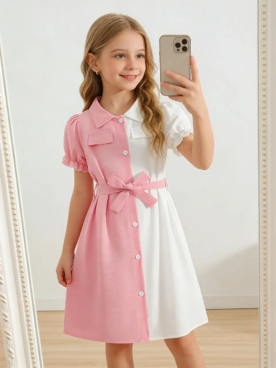 Girls Colorblock Shirt Dress with Belt