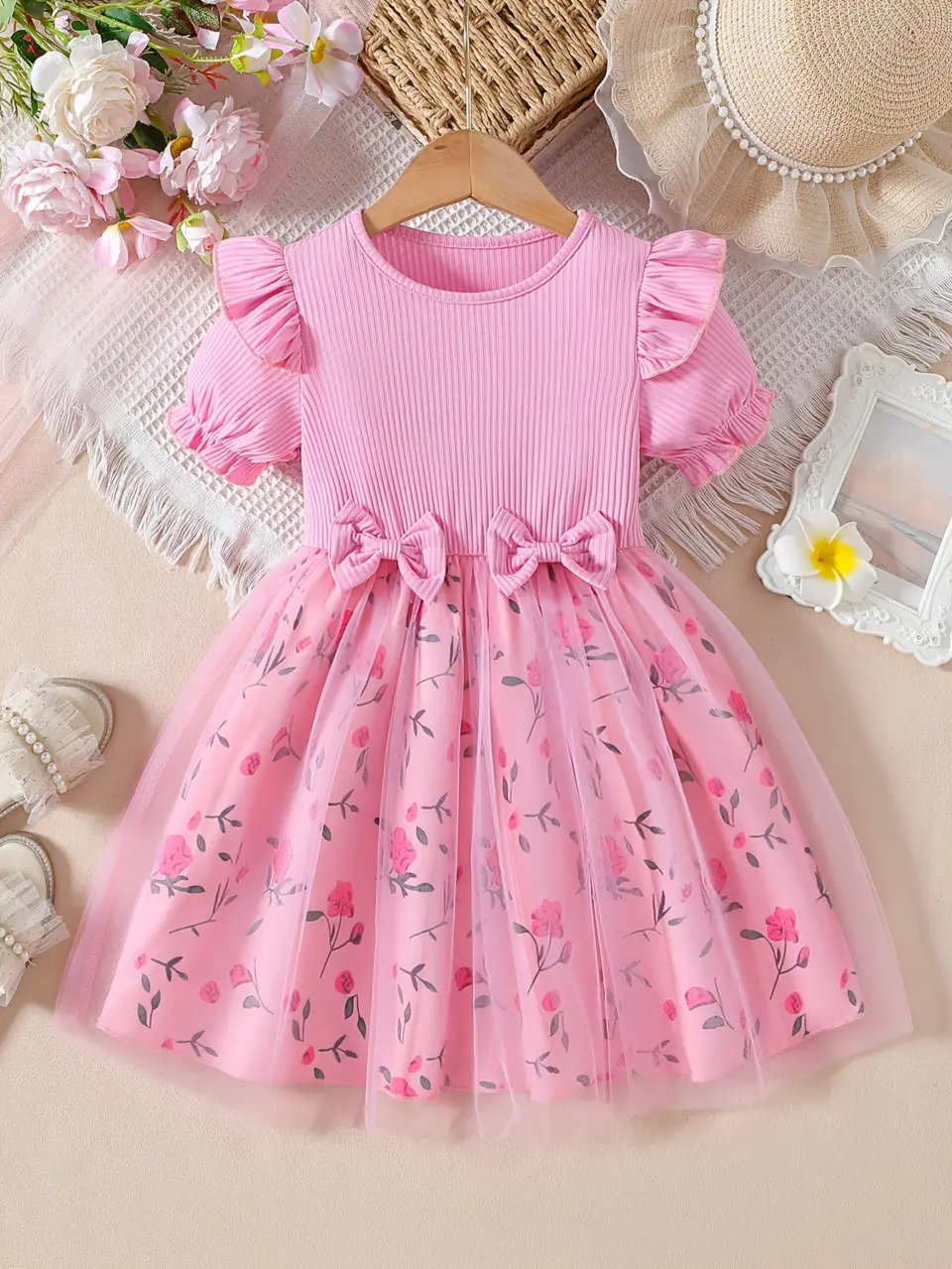 Girls Pink Floral Ribbed Tulle Dress