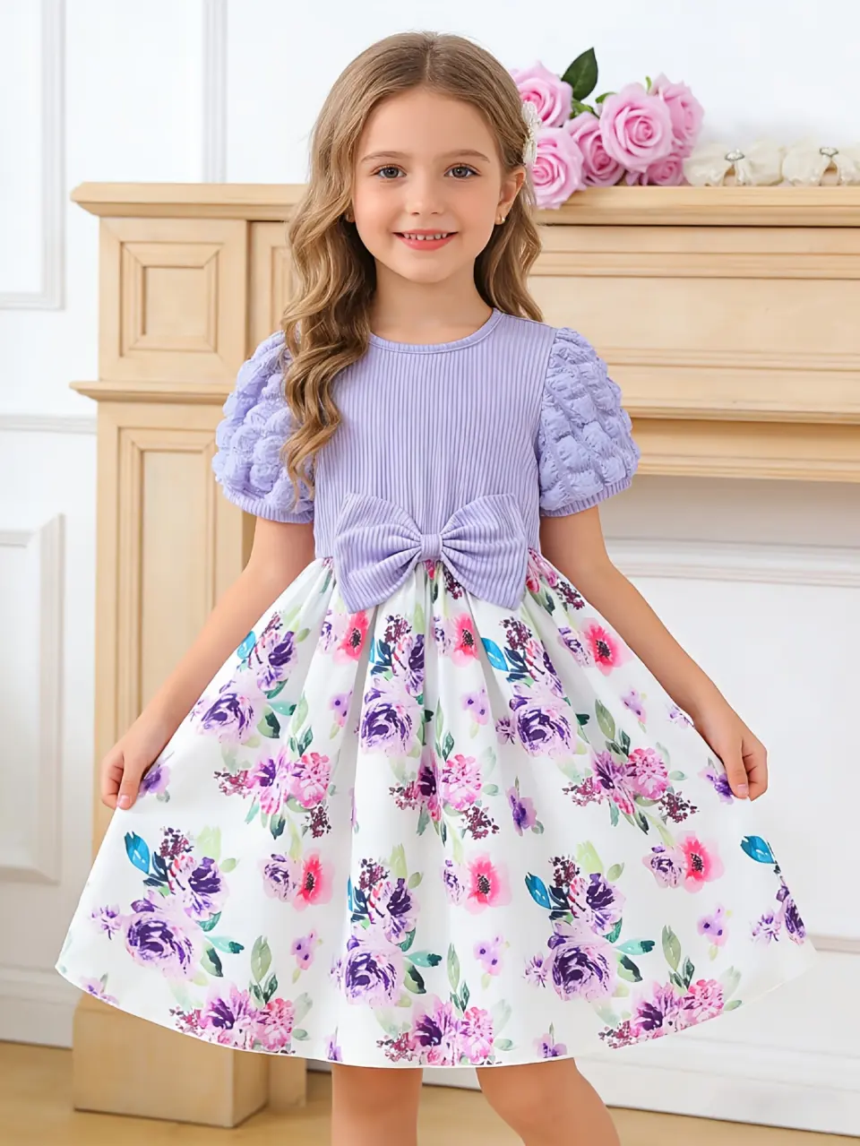 Girls Floral Puff Sleeve Tulle Dress