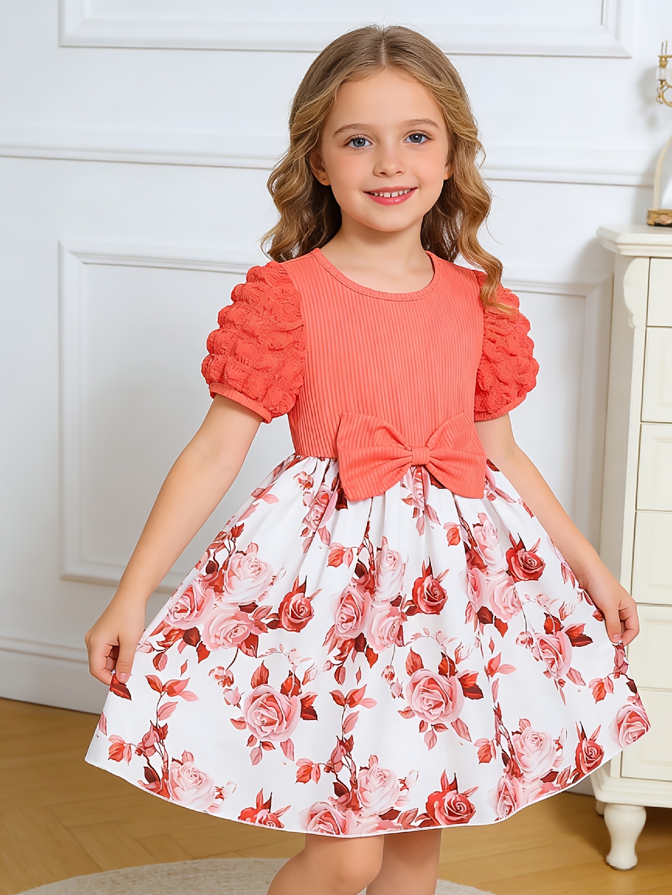 Girls Floral Puff Sleeve Tulle Dress - 图片 3